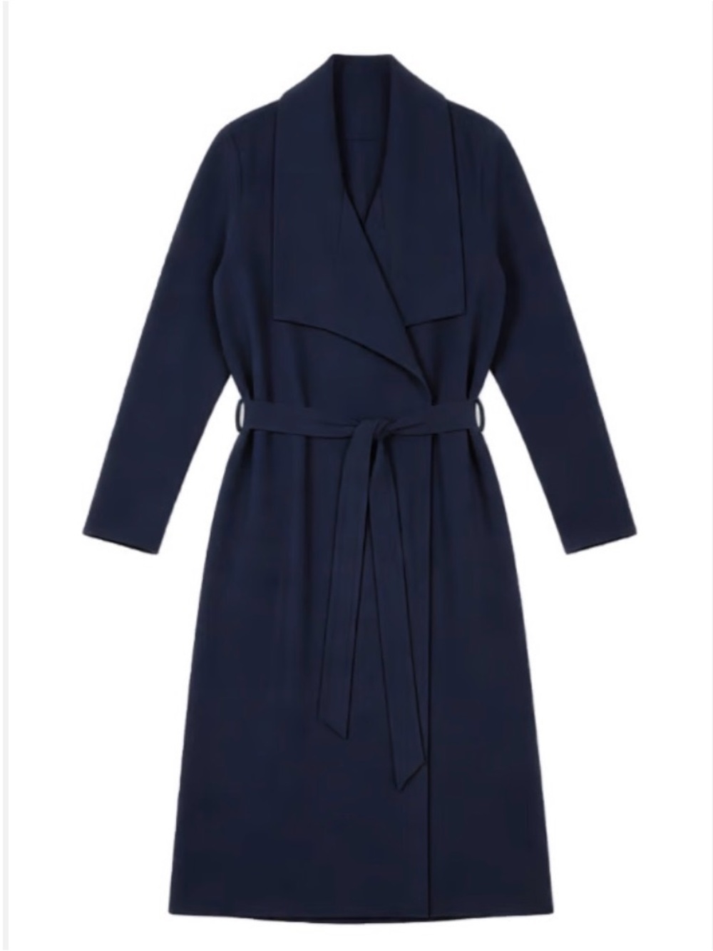 Long Navy Wrap Robe Coat with Self-Tie Belt